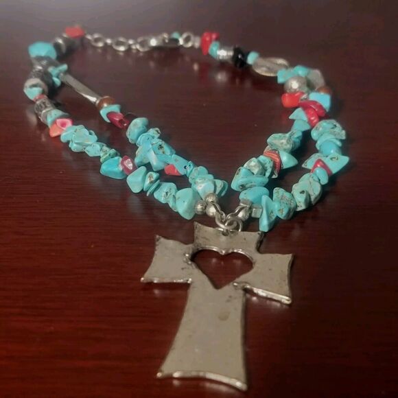 Southwestern Navajo Turquoise Double Strand Necklace Pewter Ankh Pendant Heart - Picture 2 of 12